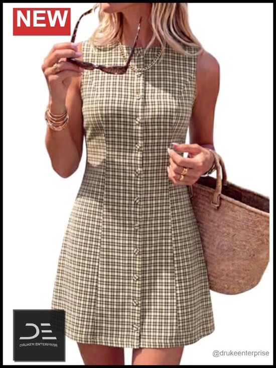 Dresses & Skirts - Plaid Sleeveless Zip Up A Line Mini Dress Business Casual Vacation Sundress